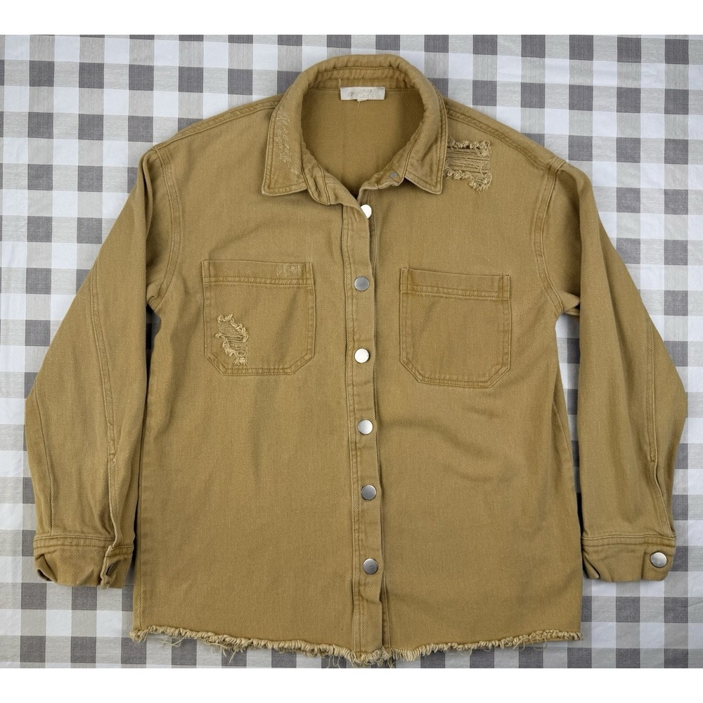 Mustard Distressed Shacket Jacket Raw Hem Boho Western Grunge S